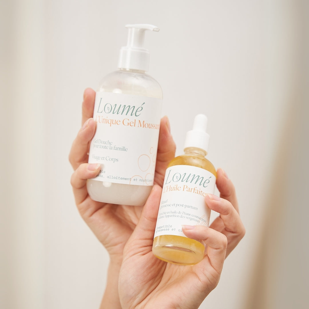 duo loumé huile vergetures et gel douche naturel produits