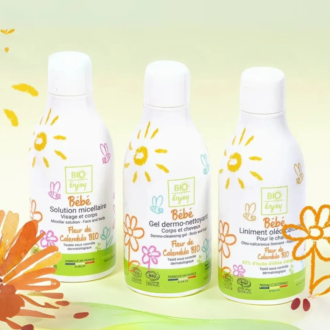 gamme soins bébé bio enjoy liniment gel lavant et solution micellaire